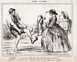 Cartoon About Harvesters Trampling on Barefoot Grapes. Series 