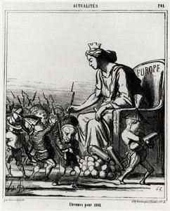 Europe: foreign for 1868. Europe distributes guns and cannons to each representative of the countries, recognizable by their hat. Illustration by Honore Daumier, published in 