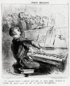 Musical sketches: a gentleman who is keen to prove that he can at the same time sing and play the piano, which is very disgraceful. Illustration by Honore Daumier, published in Charivari, dated 17 February 1852 by Honoré Daumier