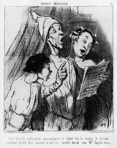Musical Sketches: A Melomaniac Family Starting to Repeat in the Morning the Big Song They Had to Sing in the Evening at the Concert Given to Mr. Coquardeau. Illustration by Honore Daumier, Published in Charivari, Dated March 3 by Honoré Daumier