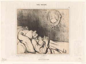 Old Man in Bed Staring at Portrait of Young Woman