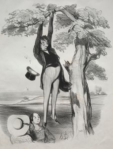 Pastorales, Plate 2: The Hazards of Shaking a Plum Tree Too Vigorously by Honoré Daumier