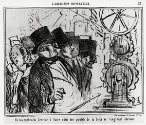 Universal exhibition: a turntable, designed to roast chickens with the strength of twenty-nine horses. Illustration by Honore Daumier, published in 