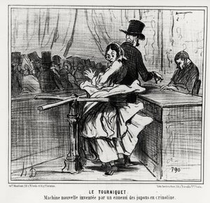 Universal exhibition: the turnstile: a new machine invented by a crinoline petticoats enemy. Illustration by Honore Daumier, published in 