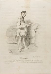 (He is reading a letter) “A date, could it be from the cute Mme Giraud?? Yes, but it could also come from her husband who wants to pinch me…,” plate 8 from Coquetterie