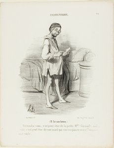 (He is reading a letter) “A date, could it be from the cute Mme Giraud?? Yes, but it could also come from her husband who wants to pinch me…,” plate 8 from Coquetterie