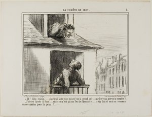 "- Hello, neighbour... what was all this yelling about... did you see the comet?" Plate 3 from La Comet De 1857 by Honoré Victorin Daumier