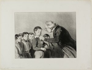 "- Mr. Alfred Cabassol! You are the only one in the class who succeeded to get through the entire week without blowing your nose into your sleeve. Please stand to receive this prize of honour for cleanliness," plate 6 from Professeurs Et Moutards