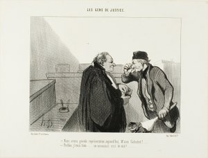 "- Should be a great performance today, Mr.Galuchet... - I should think so... A murder case with a rape thrown in...," plate 31 from Les Gens De Justice