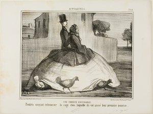 An Excusable Error. Chickens thinking they have found the cage where they spent their early childhood, plate 21 from Crinolomania by Honoré Victorin Daumier