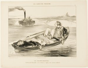 An Unpleasant Encounter. "Bernardel, Bernardel! Here comes the steamer... we will sink!", plate 16 from Les Canotiers Parisiens by Honoré Victorin Daumier