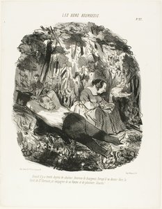 At 30°C, lucky he who can escape and snooze in the forest of Saint-Germain accompanied by his wife and a few lizards, plate 27 from Les Bons Bourgeois by Honoré Victorin Daumier