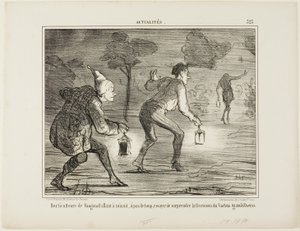 Horticulturists of Nanterre tiptoeing at midnight towards the cactus grandiflorus in order to surprise it in its blossoming, plate 323 from Actualités by Honoré Victorin Daumier