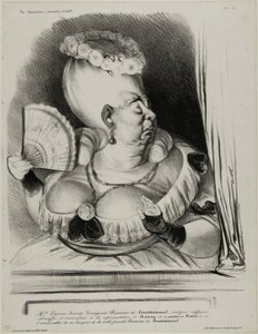 Miss Etienne-Mona-Lisa-Cunégonde-Silly Goose of the Constitutionnel, indignant, choking and over-ornate at the performance of Anthony in which the mischievous Dumas had the indecency of scoffing at the noble family Silly Goose of the Constitutionnel... by Honoré Victorin Daumier