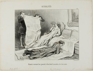 Subscribers Trying to Cope with Their Paper, plate 115 from Actualités by Honoré Victorin Daumier