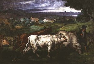 Cattle and a Drover in a Landscape by Honore (circle of) Daumier