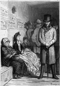 An Omnibus Waiting Desk. Cartoon by Honore Daumier. Engraving in Le Monde Illustré n°257 of 15 March 1862