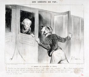 Artwork by Honore Daumier (1808-1879). Charivari dates from 1843: Serie LES RAILWAYS The danger of falling asleep on a journey -Wake up Sir and get off the car! - Where are we driving? - But Rouen parbleu! - In Rouen and I who only wanted to go to Poiss