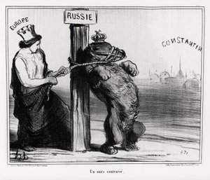 Russia: a bear upset (by Europe). In March 1854 France and England formed an alliance with Turkey against Russia. Illustration by Honore Daumier, published in 