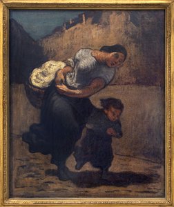 The storm (the lavender). A woman holding a short basket with a child, probably to protect herself from the rain. Artwork of Honore Daumier