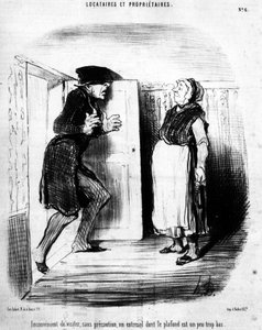 Inconvenient to Visit, Without Caution, an Entresol Whose Ceiling is a Little Too Low, Taken from Tenants and Owners, Cartoon Series by Honore Daumier. Charivari by Honoré Daumier