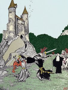 Battle between King Arthur and the black knight in the presence of Merlin the enchanter (Illustration by Howard Pyle) by Howard Pyle