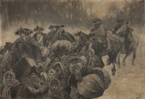 Five Red Coated Soldiers on Horseback, with Another Cloaked to the Eyes...Clustering About These, a Motley Score of Poor People, Young and Old by Howard Pyle