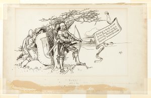 Illustration for The Accommodating Circumstance, II; Fitting a long arrow to his bow, he sent it directly through the foremost horseman by Howard Pyle