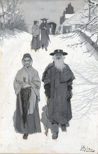 The Dunkers - Going to Meeting, drawing of an illustration published in Harper by Howard Pyle