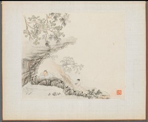 Album of Landscape Paintings Illustrating Old Poems: A Man Lies under a Rocky Overhang, 1700s