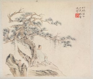 Album of Landscape Paintings Illustrating Old Poems: An Old Man Sits under a Pine Tree, a Boy is behind a Stone by Hua Yan