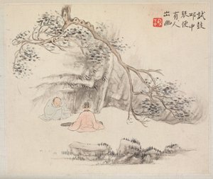 Album of Landscape Paintings Illustrating Old Poems: Two Figures Outside..., 1700s by Hua Yan