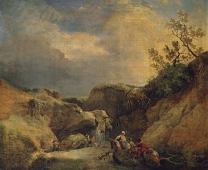 A Rocky Wooded Landscape with Travellers Conversing by a Waterfall by Hubert (circle of) Robert