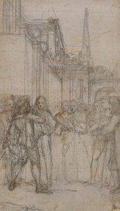Literary Illustration: Man with Sword Confronting Group of Figures Before Building by Hubert Francois Gravelot