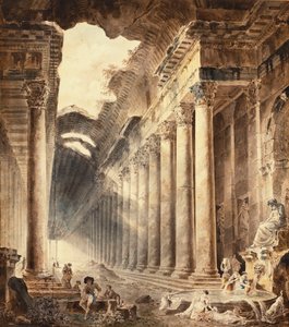 A Colonnaded Thermal Building, the Roof Partly Open to the Sky, with Girls Washing Clothes at a Fountain Below a Statue by Hubert Robert