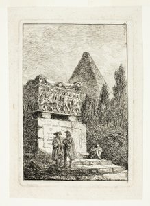 Landscape with Pyramid and Sarcophagus, plate six from Les Soirées de Rome by Hubert Robert