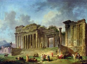 Man sketching the ruins of a classical temple by Hubert Robert