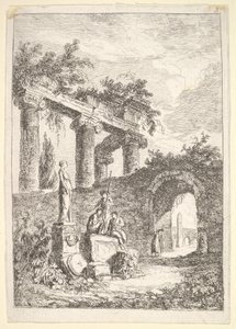 Plate 3: The Statue Before the Ruins: a statue to left next to three figures on a p