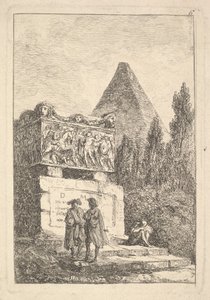 Plate 6: The Sarcophagus: two men conversing to left, another man seated and sleeping by Hubert Robert