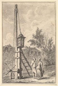 Plate 9: The Pulley: A Man and a Woman Conversing to the Right, a Lantern Hung on a Post, ca. 1763-64 by Hubert Robert