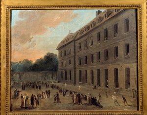 Recreation of Prisoners in Saint Lazare: the Balloon Part. Painting by Hubert Robert (1733-1808)