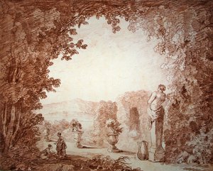 View of a garden with statuary by Hubert Robert