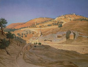 A Hilly Landscape with Arabs and a Ruined Temple by Hubert Sattler