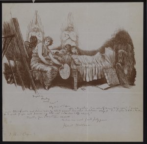 Scene of a death bed with children and allegorical figures including an artist with easel by Hubert von Herkomer