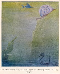 "In these lower levels we came upon the shadowy shapes of dead ships" illustration from The Voyages of Doctor Dolittle
