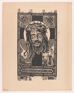 Head of Christ with Crown of Thorns Before a Cross, Adored by a Man and Woman by Huib Luns