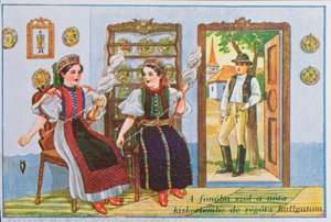 Postcard depicting women in traditional Hungarian dress spinning and singing the popular song Sing a Song to the Frog, c.1940
