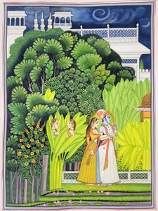 Radha and Krishna in Moonlit Garden