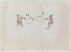 Musicians of Tahiti. Four Tahitians, two dressed in the mare playing the nose flute; two dressed in the tiputa beating drums, Recorded in Joseph Banks