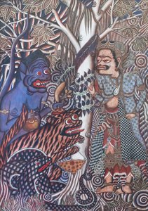 The Priest Frees the Monkey, Snake and Tiger from the Well by Ida Bagus Gelgel